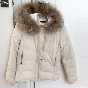 Theory down coat with fur lined hood